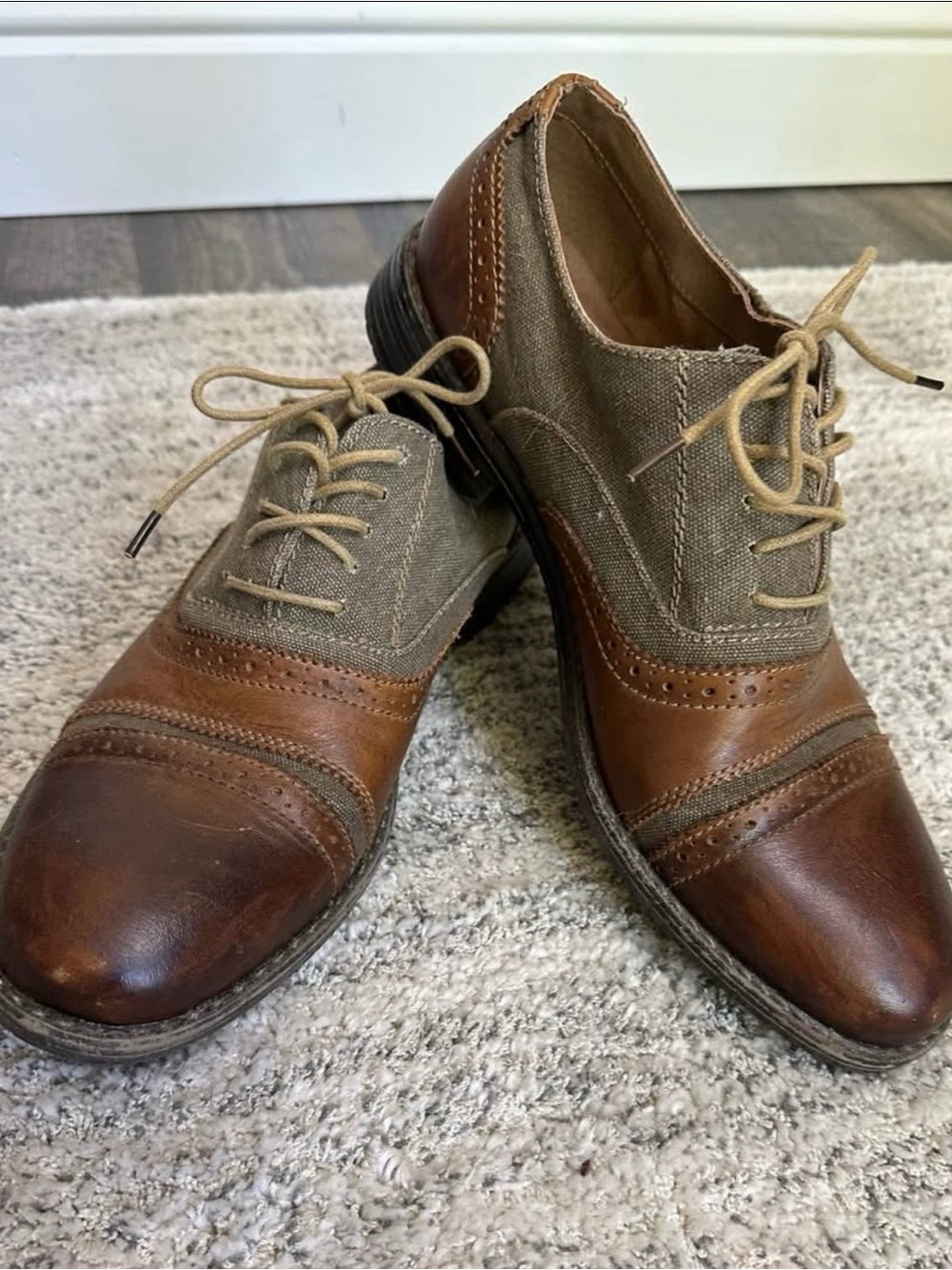 Steve Madden Brown Leather & Olive Canvas Derby Oxfords